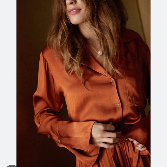 Whimsy + Row Maya button front blouse in shiny rust size XS - Picture 7 of 13